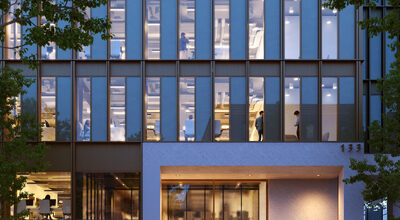 The Forge entrance, Bryden Wood and Landsec's P-DfMA net zero carbon office building